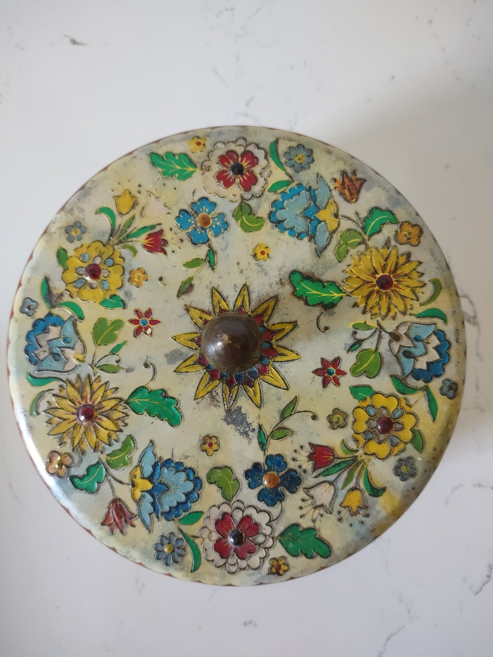 Hand-Painted Floral Decorative Tin Box - Cream, Yellow, Blue, Green